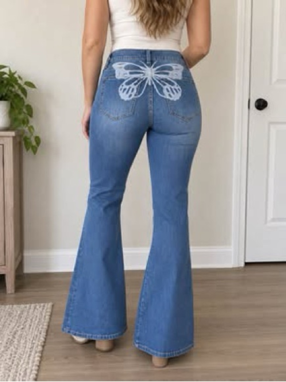 High Rise Butterfly Flare Jeans Blue Stretch Denim